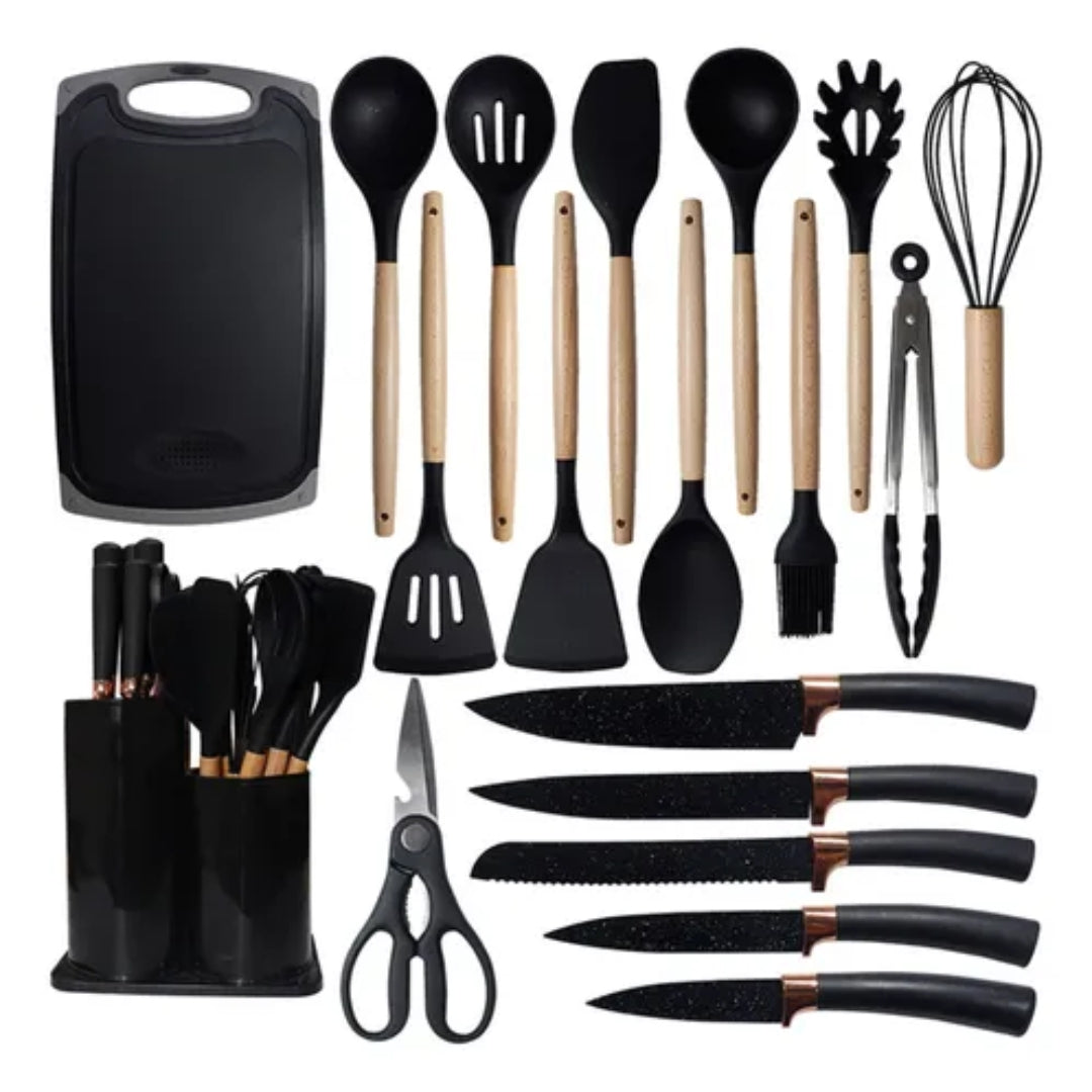 JUEGO 19 UTENSILIOS DE COCINA ANTIADHERENTES | INCLUYE PORTA UTENSILIOS