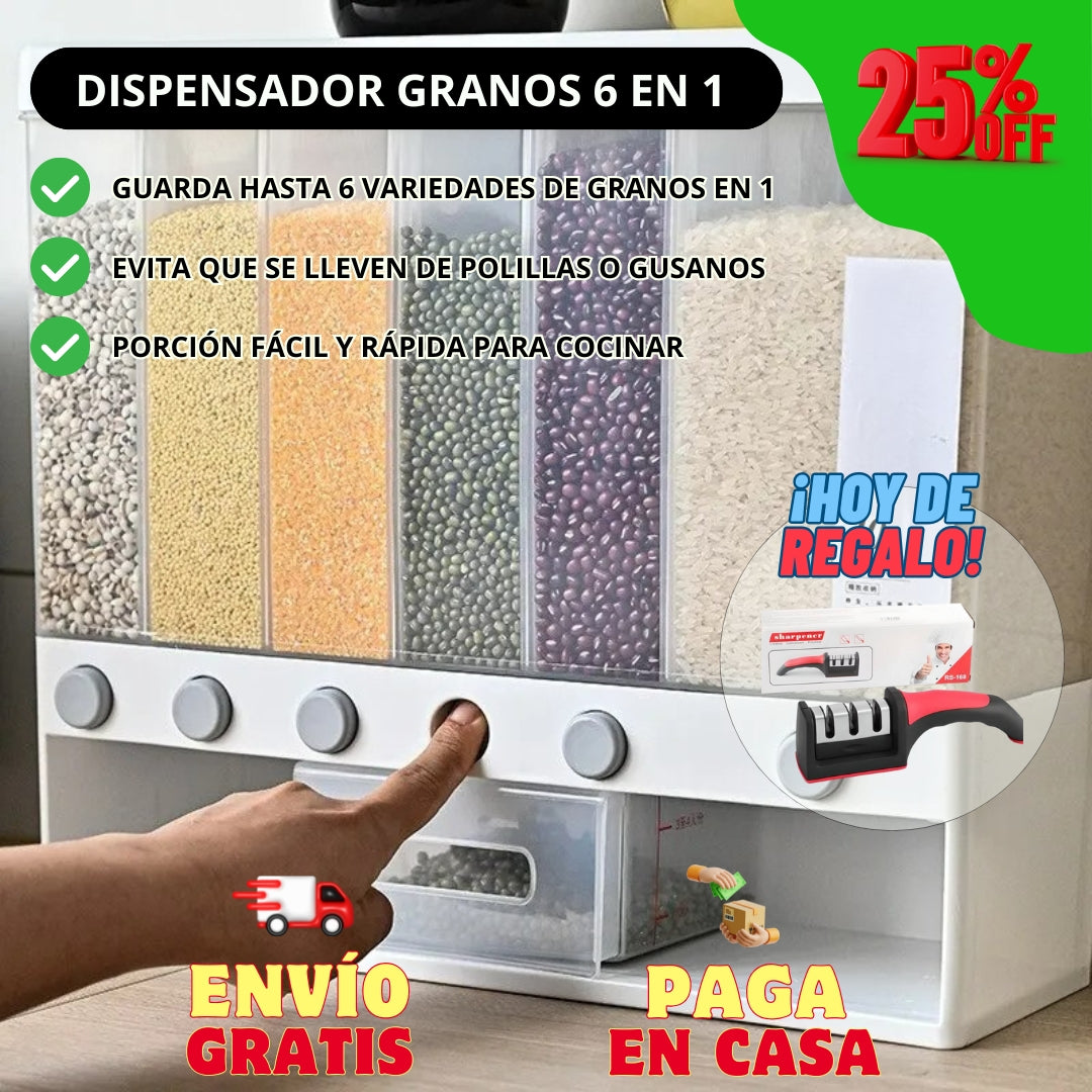 Dispensador de Granos 6 en 1 con Porcionador + Afilador de Cuchillos de REGALO
