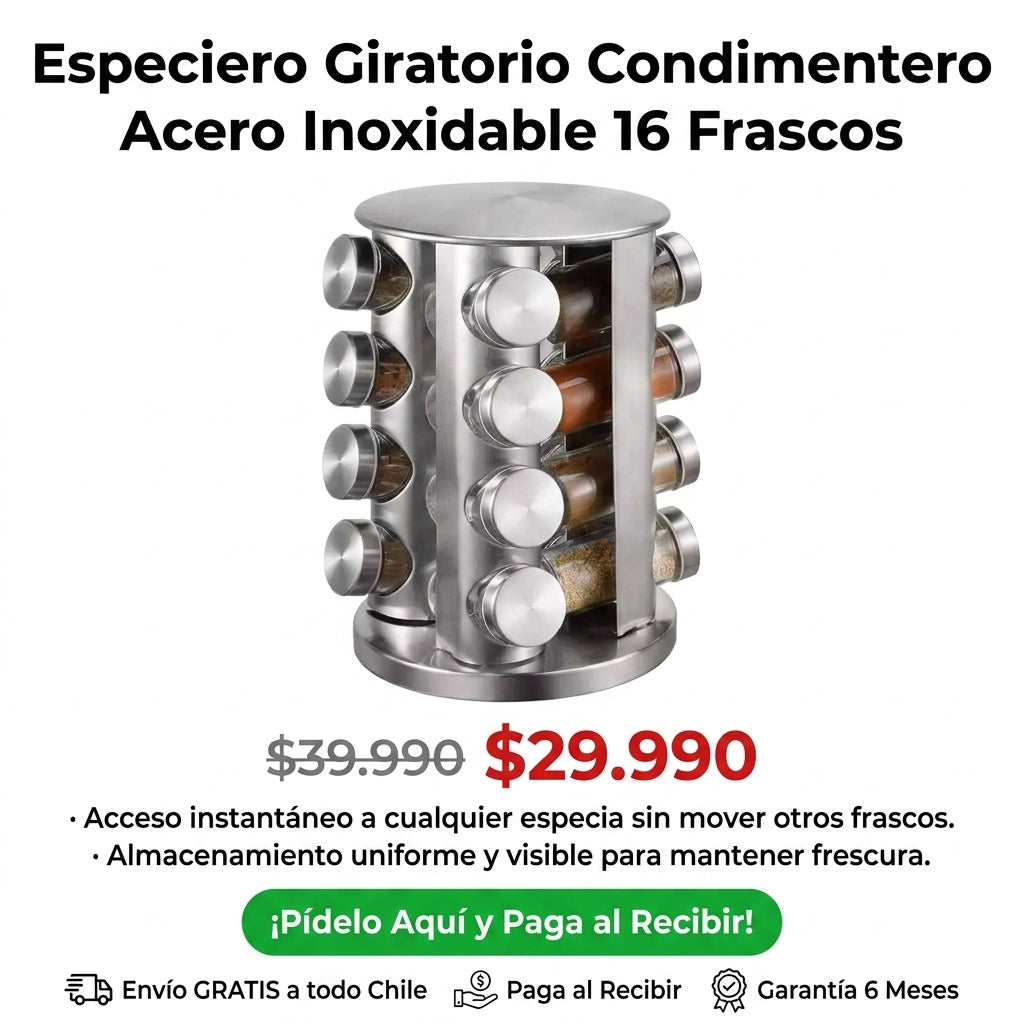 Especiero Giratorio Acero | Cocina Eficiente y Organizada | Incluye 16 Frascos de Vidrio
