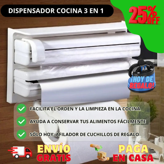 Dispensador 3 en 1: Toalla Papel + Aluminio + Plástica | Afilador Cuchillos de REGALO