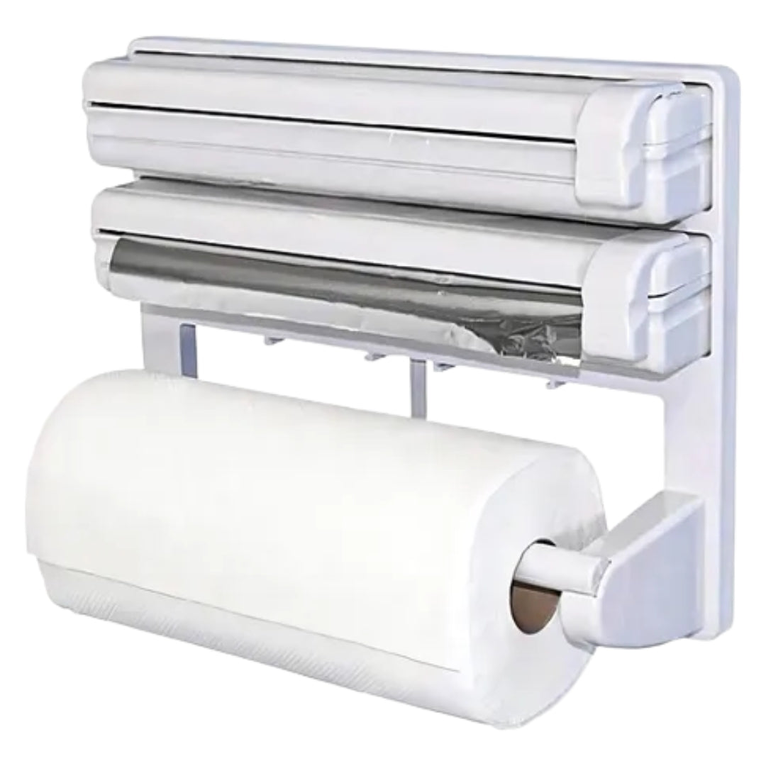 Dispensador 3 en 1: Toalla Papel + Aluminio + Plástica | Afilador Cuchillos de REGALO
