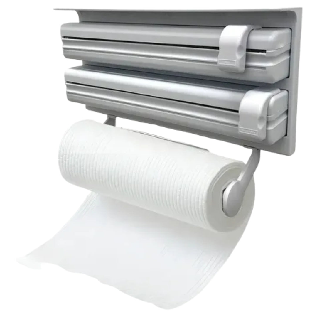 Dispensador 3 en 1: Toalla Papel + Aluminio + Plástica | Afilador Cuchillos de REGALO