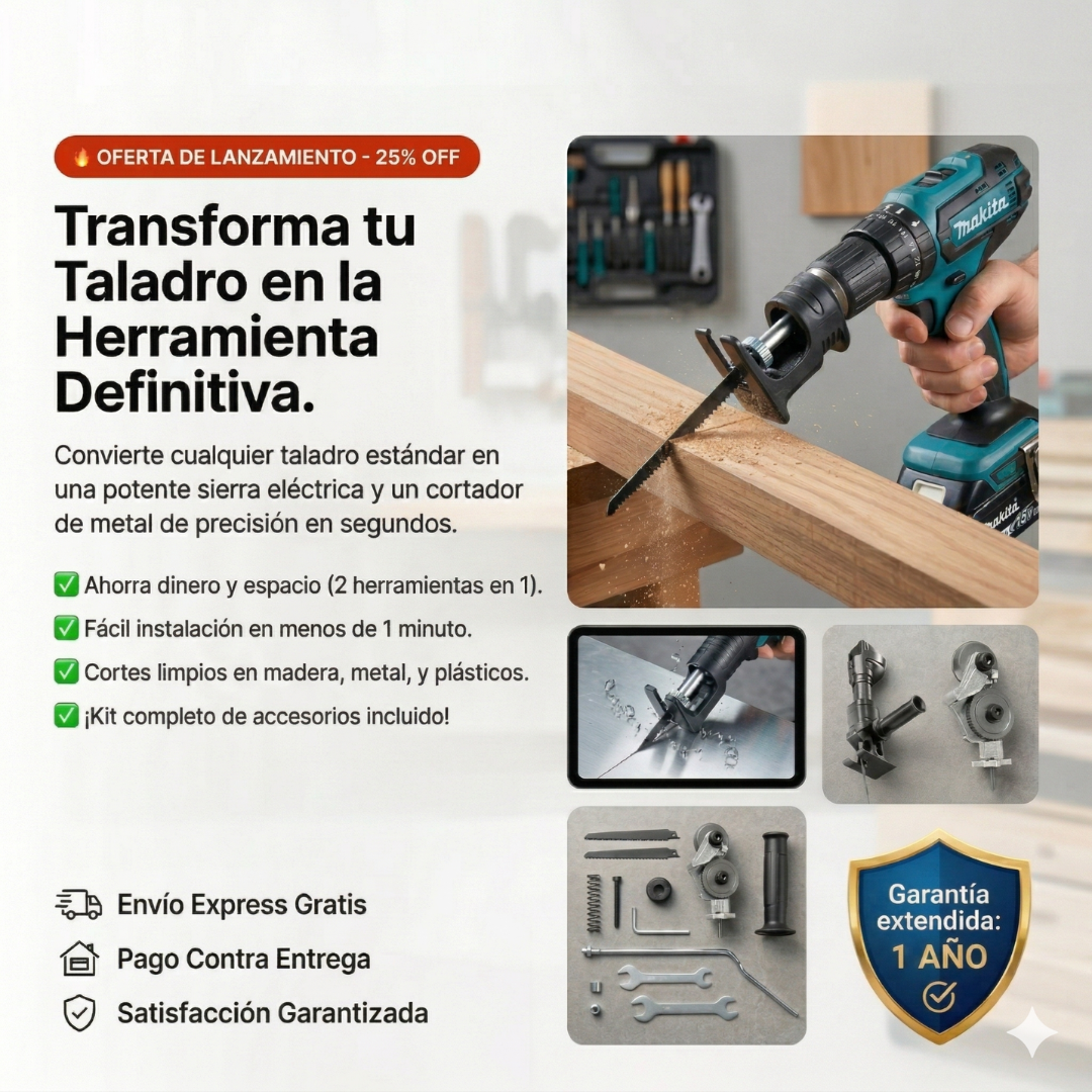 PACK 2 ADAPTADORES DE TALADRO: SIERRA Y METALES + ACCESORIOS + GARANTÍA 1 AÑO