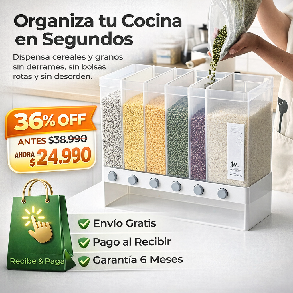 DISPENSADOR DE GRANOS 6 EN 1 | INCLUYE PORCIONADOR + ENVÍO GRATIS