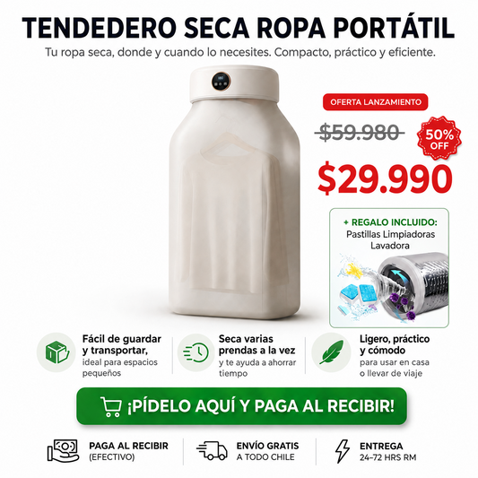 Secadora Ropa Portátil | Seca tu ropa sin sol en invierno | + Regalo: Pastillas para Limpiar Lavadora