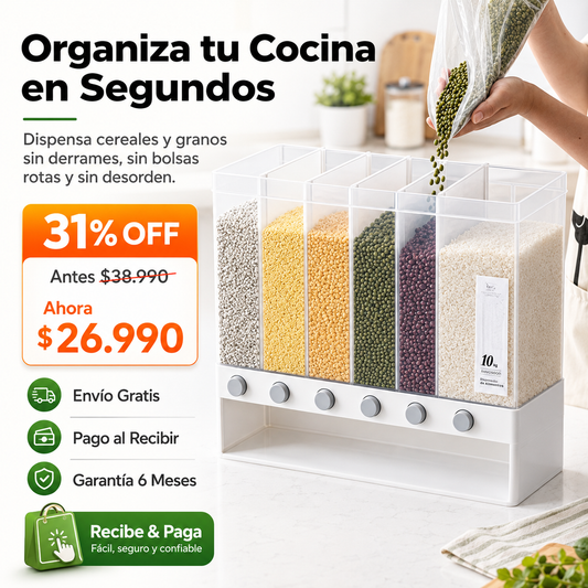 DISPENSADOR DE GRANOS 6 EN 1 | INCLUYE PORCIONADOR + ENVÍO GRATIS