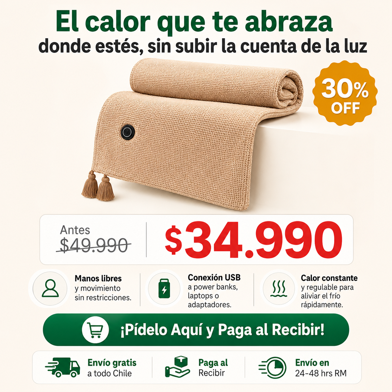 Manta Poncho Térmico USB con Cierre