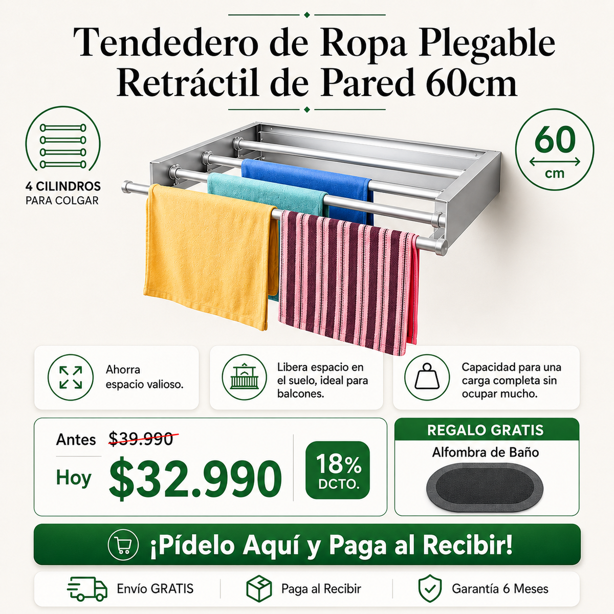 Tendedero Retráctil de Pared | Seca sin Ocupar Espacio | Alfombra de Regalo