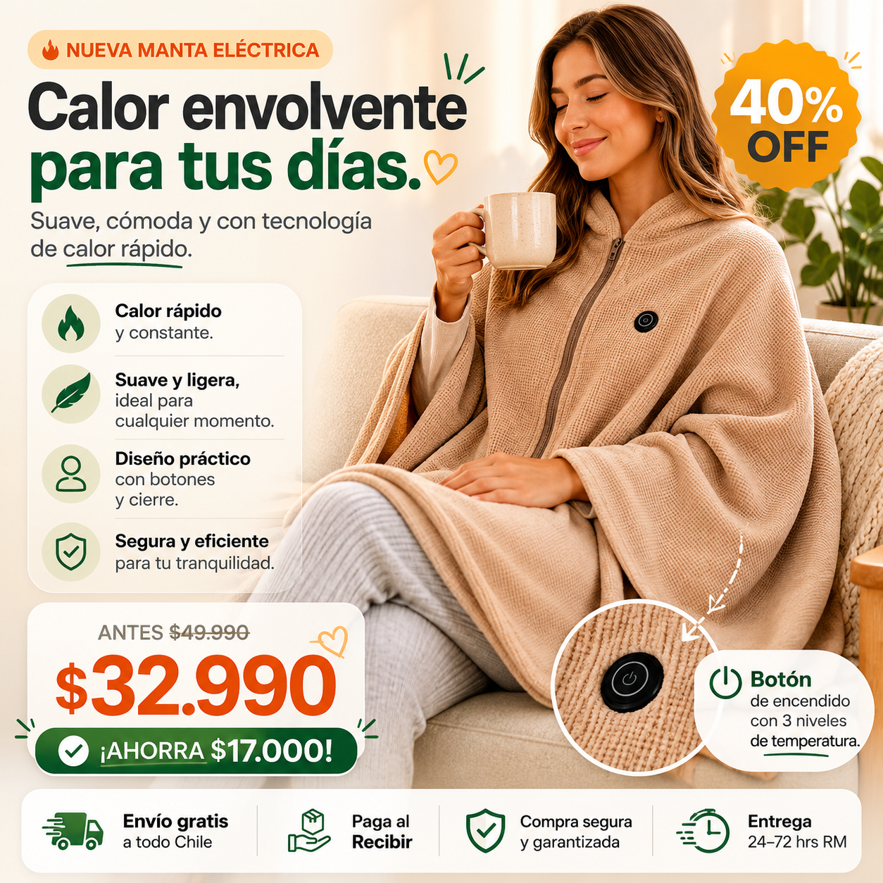 Manta Poncho Térmico USB con Cierre | Solución para Días Fríos | Calcetines Térmicos de REGALO + Envío Gratis