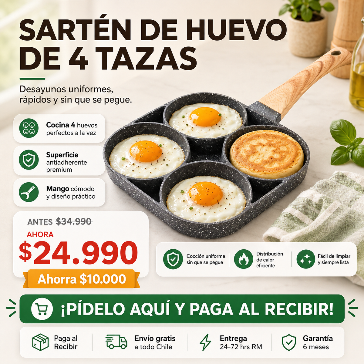 Sartén de 4 Espacios | Desayunos Perfectos y sin Estrés | Envío Gratis