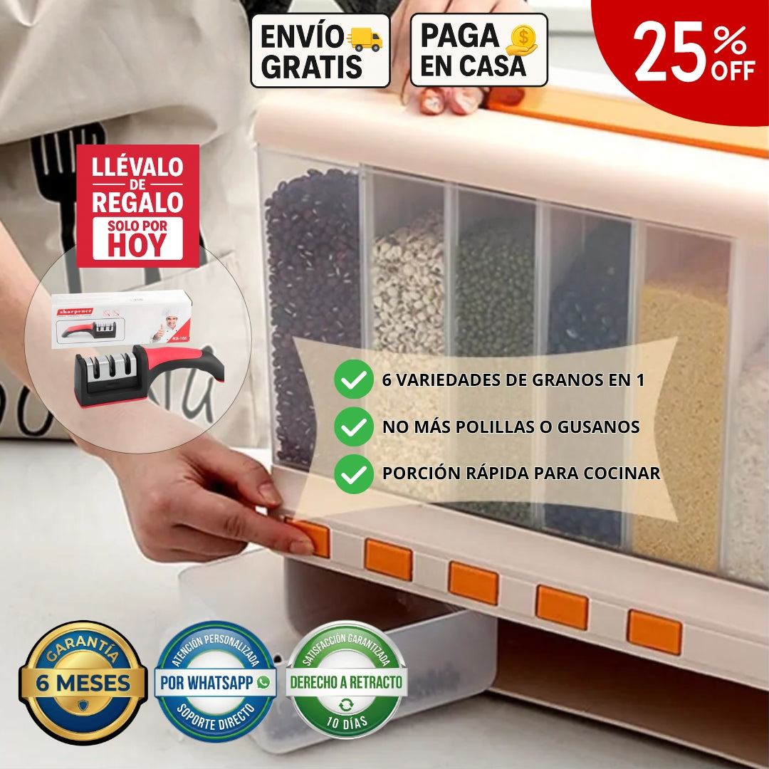 DISPENSADOR DE GRANOS 6 EN 1 | INCLUYE PORCIONADOR + AFILADOR CUCHILLOS GRATIS