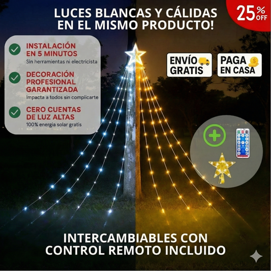 +300 LUCES NAVIDEÑAS DE CASCADA PARA EXTERIOR CÁLIDAS Y BLANCAS + ESTRELLA + CONTROL REMOTO