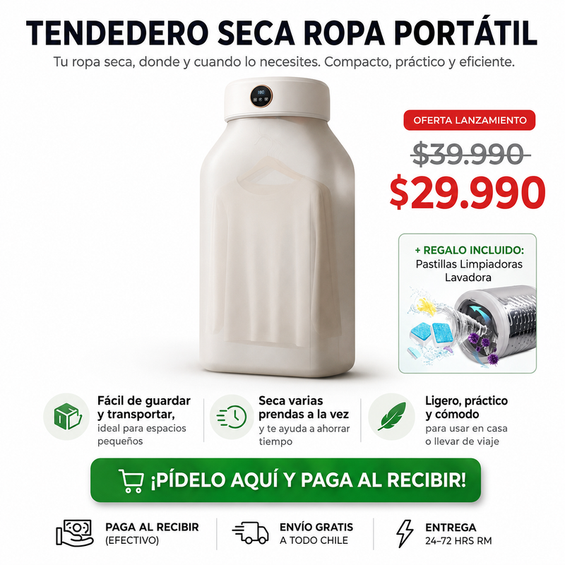 Secadora Ropa Portátil | Seca tu ropa sin sol en invierno | + Regalo: Pastillas para Limpiar Lavadora