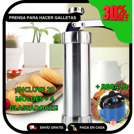 Prensa para Hacer Galletas y Rellenar Churros + 20 Moldes + 4 Glaseadores + Afilador Cuchillos de REGALO (Envío Gratis)