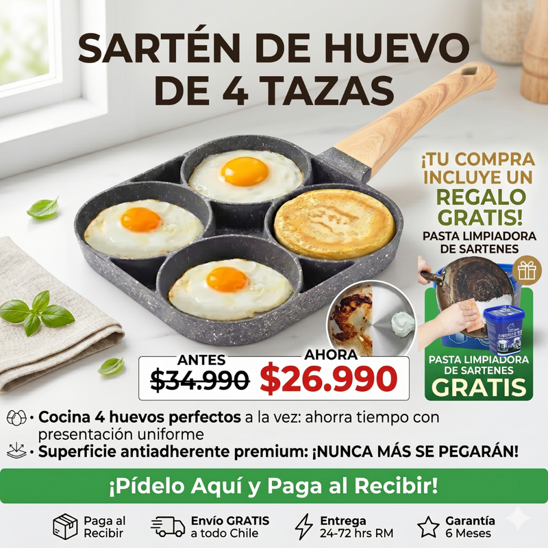 Sartén de 4 Espacios | Desayunos Perfectos y Sin Estrés | ¡Limpiador de Sartenes de Regalo!