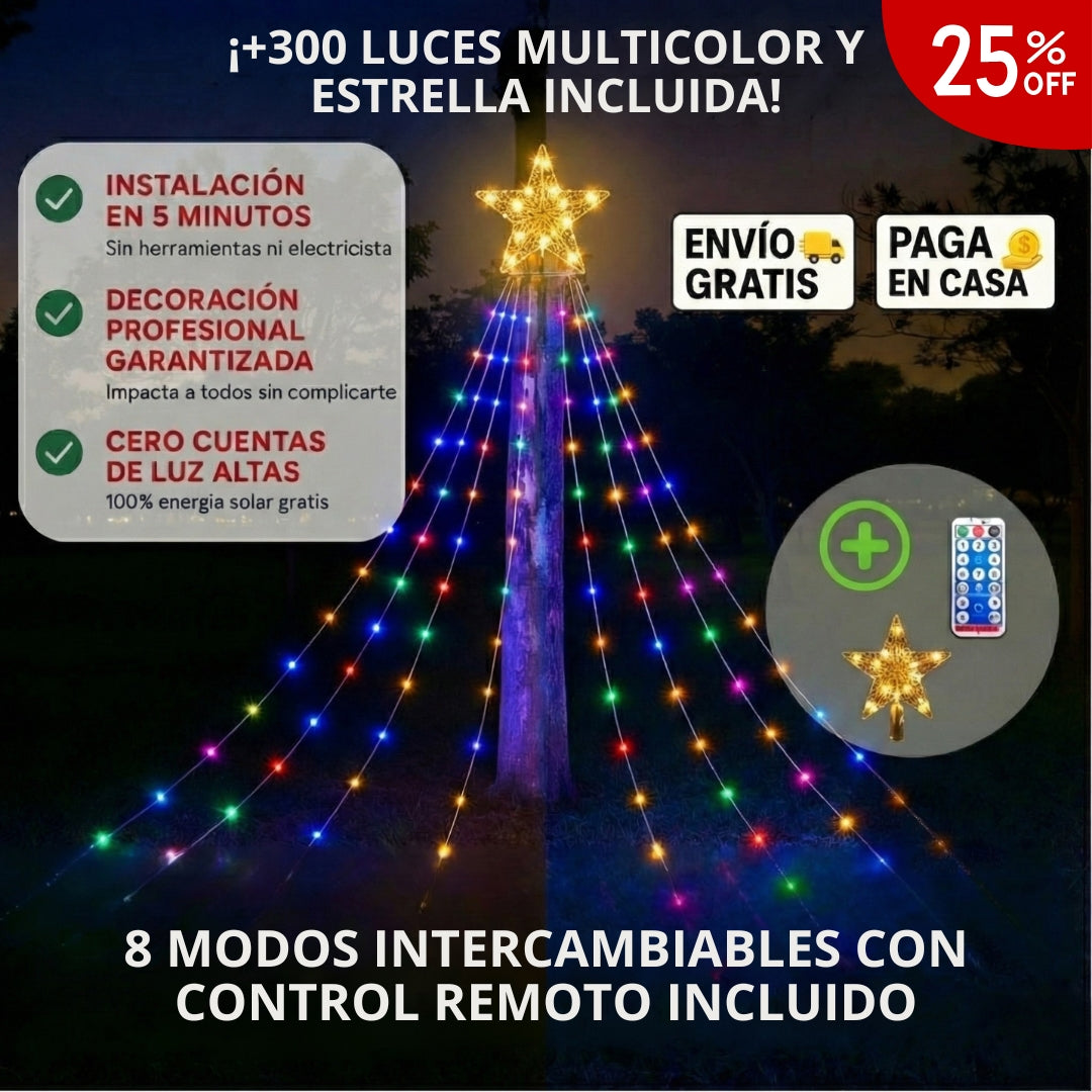 +300 LUCES NAVIDEÑAS MULTICOLOR DE CASCADA SOLARES PARA EXTERIOR  + ESTRELLA INCLUIDA + CONTROL REMOTO