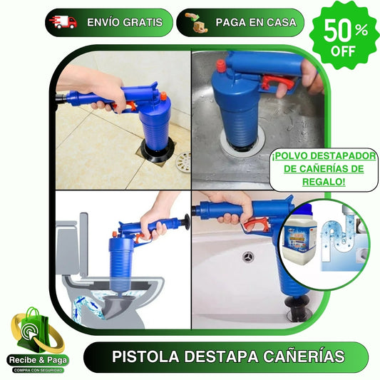 Pistola a Presión Destapa Cañerías + 4 Adaptadores + Polvo Destapador de Cañerías de REGALO (c/ envío gratis)
