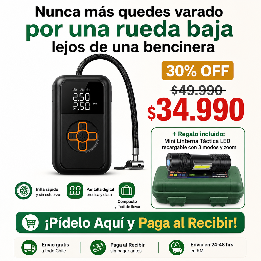 Compresor Inalámbrico | Infla Neumáticos Donde Estés | Linterna de Regalo