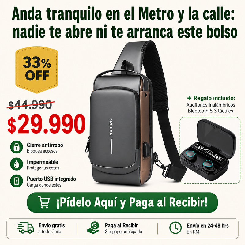 Bolso Bandolera Antirrobo | Camina con Seguridad | Audífonos Bluetooth de REGALO + Envío Gratis
