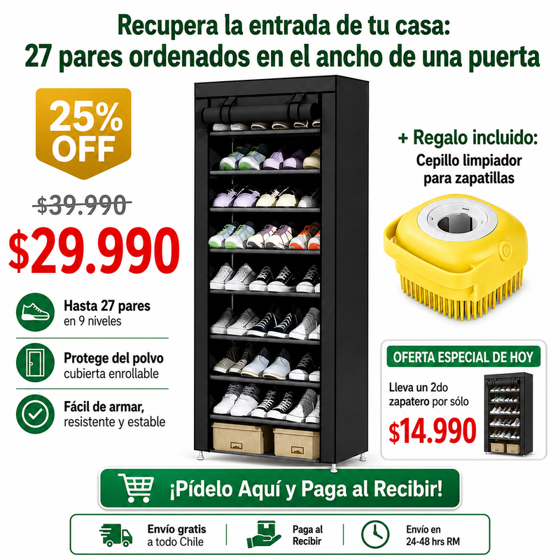 Zapatero 9 Niveles para 27 Pares | Cepillo Limpia Zapatillas de REGALO | Envío Gratis