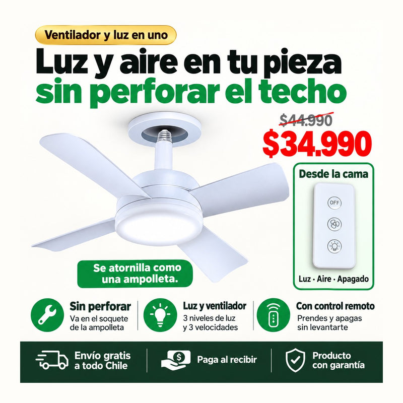 Ampolleta Ventilador con Luz y Control | Aire y Luz sin Perforar | Envío Gratis