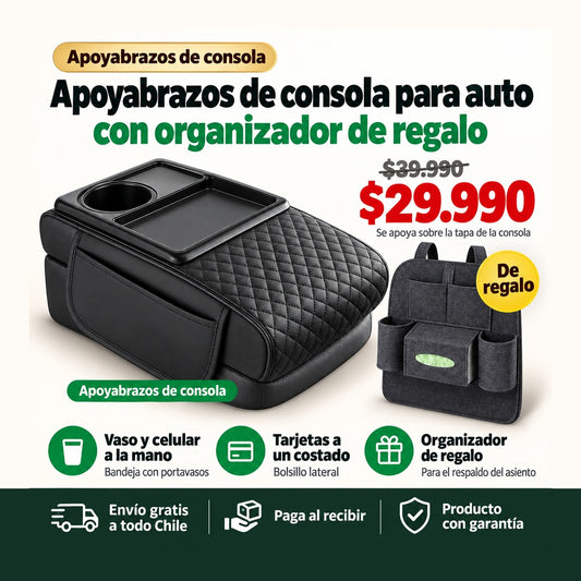 Apoyabrazos de Consola para Auto + Organizador de Asiento de Regalo | Viaja más Cómodo | Envío Gratis