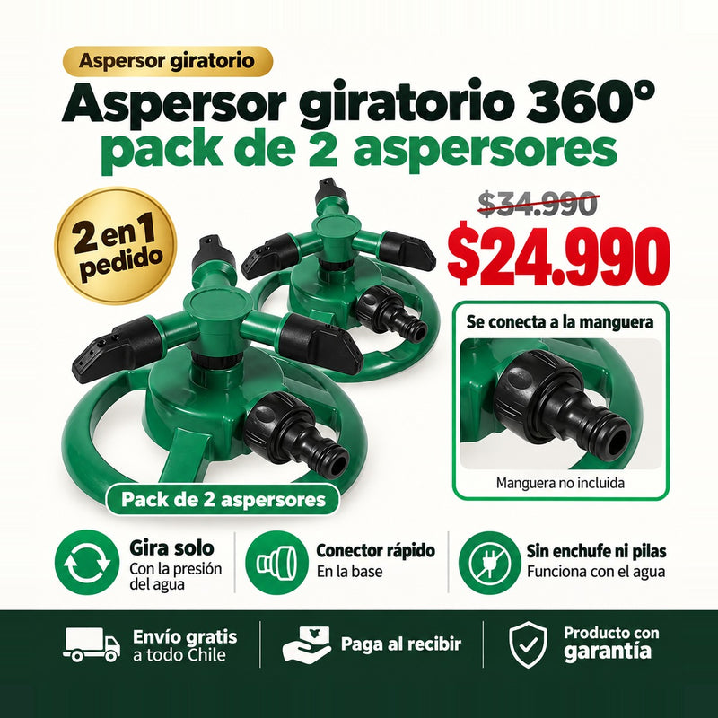 Aspersor Giratorio 360° Pack de 2 | Riega tu Jardín sin Mover la Manguera | Envío Gratis