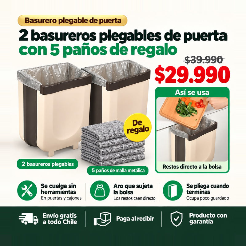 Basurero Plegable de Puerta Pack de 2 + 5 Paños de Regalo | Orden en la Cocina | Envío Gratis