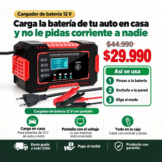 Cargador de Batería 12 V para Auto y Moto | Carga tu Batería en Casa | Envío Gratis