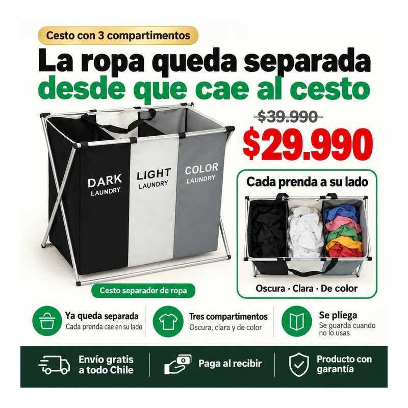 Cesto Separador de Ropa 3 Compartimentos | Blanca, Negra y de Color | Envío Gratis