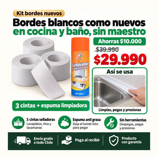 Kit 3 Cintas Selladoras + Espuma Limpiadora | Bordes Blancos en Cocina y Baño sin Maestro | Envío Gratis
