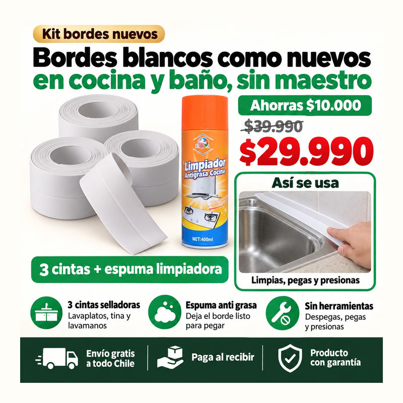 Kit 3 Cintas Selladoras + Espuma Limpiadora | Bordes Blancos en Cocina y Baño sin Maestro | Envío Gratis