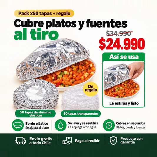 Pack 50 Tapas de Aluminio Elásticas + 50 Transparentes de Regalo | Cubre Platos y Fuentes | Envío Gratis