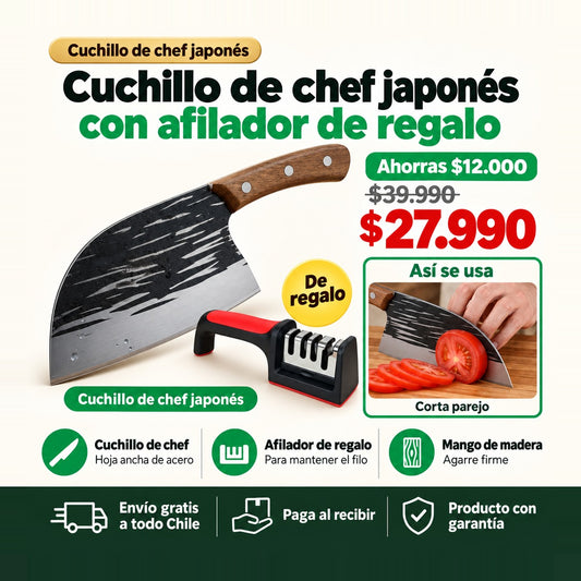 Cuchillo Chef Japonés + Afilador de Regalo | Cortes Parejos en Carnes y Verduras | Envío Gratis