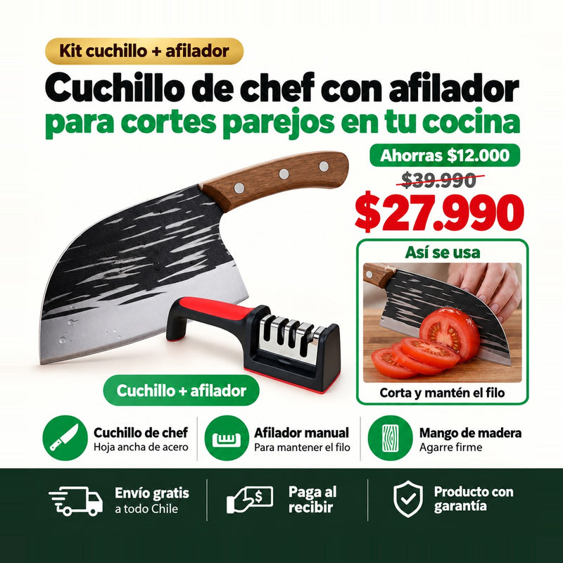 Cuchillo Chef Japonés + Afilador | Cortes Parejos en Carnes y Verduras | Envío Gratis