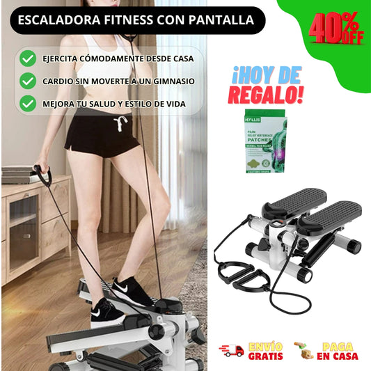 Escaladora Fitness con Pantalla + 2 Bandas de Resistencia + Pack 10 Parches Dolor de Espalda de REGALO