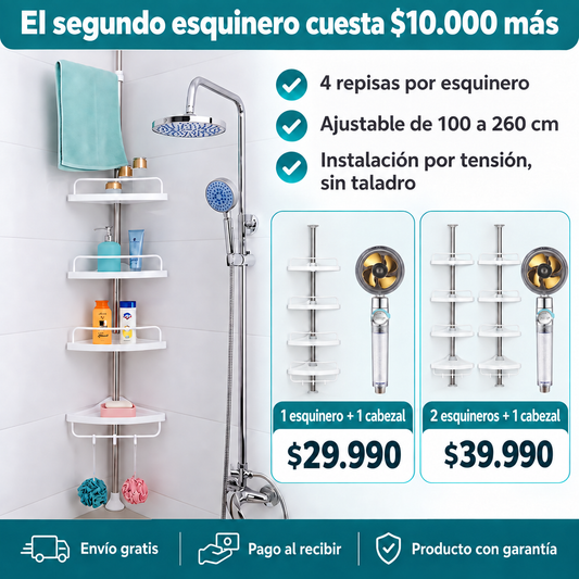 Esquinero de ducha de 4 repisas, sin taladro: 1 esquinero con cabezal de ducha $29.990, o 2 esquineros con cabezal $39.990