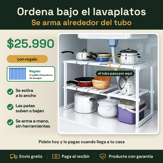 Estante ajustable para bajo el lavaplatos: se arma alrededor del tubo, con regalo de 12 palillos limpiadores de desagüe