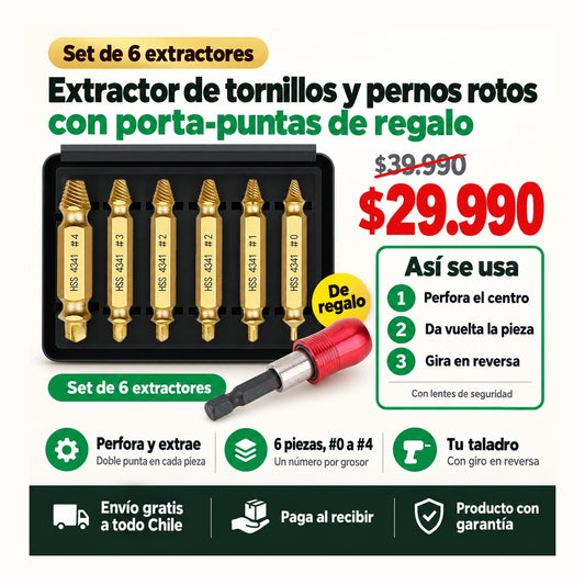 Extractor de Tornillos y Pernos Rotos + Porta-Puntas Magnético de Regalo | Saca lo que se Rompió sin Dañar la Pieza | Envío Gratis