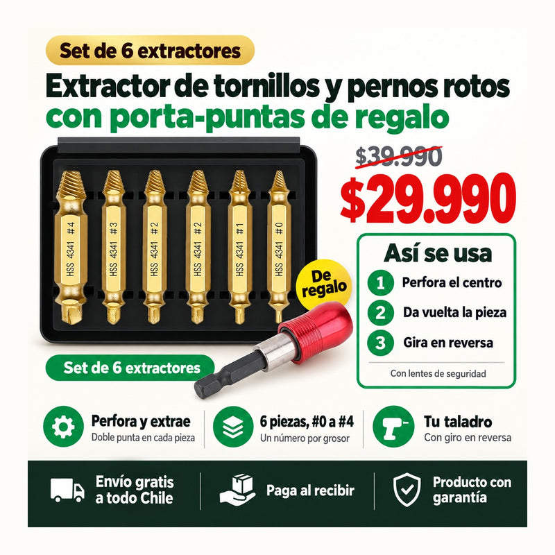 Extractor de Tornillos y Pernos Rotos + Porta-Puntas Magnético de Regalo | Saca lo que se Rompió sin Dañar la Pieza | Envío Gratis