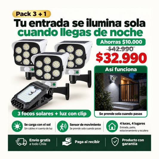 Pack 3 Focos Solares con Sensor + Luz Solar con Clip | Ilumina la Entrada sin Cables | Envío Gratis
