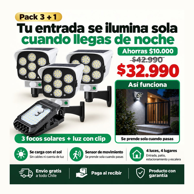 Pack 3 Focos Solares con Sensor + Luz Solar con Clip | Ilumina la Entrada sin Cables | Envío Gratis