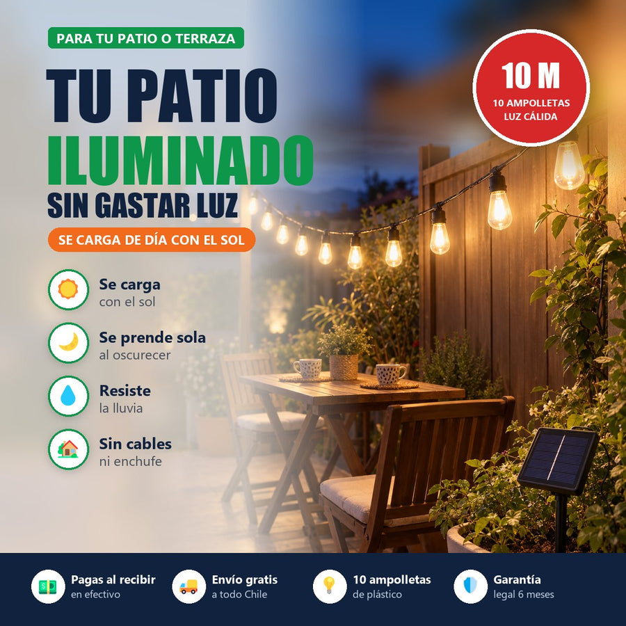 Guirnalda Solar 10 m con 10 Ampolletas | Tu Patio Iluminado sin Gastar Luz | Envío Gratis
