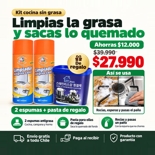 Kit Cocina Sin Grasa: 2 Espumas Antigrasa + Pasta para Ollas de Regalo | Limpia y Saca lo Quemado | Envío Gratis