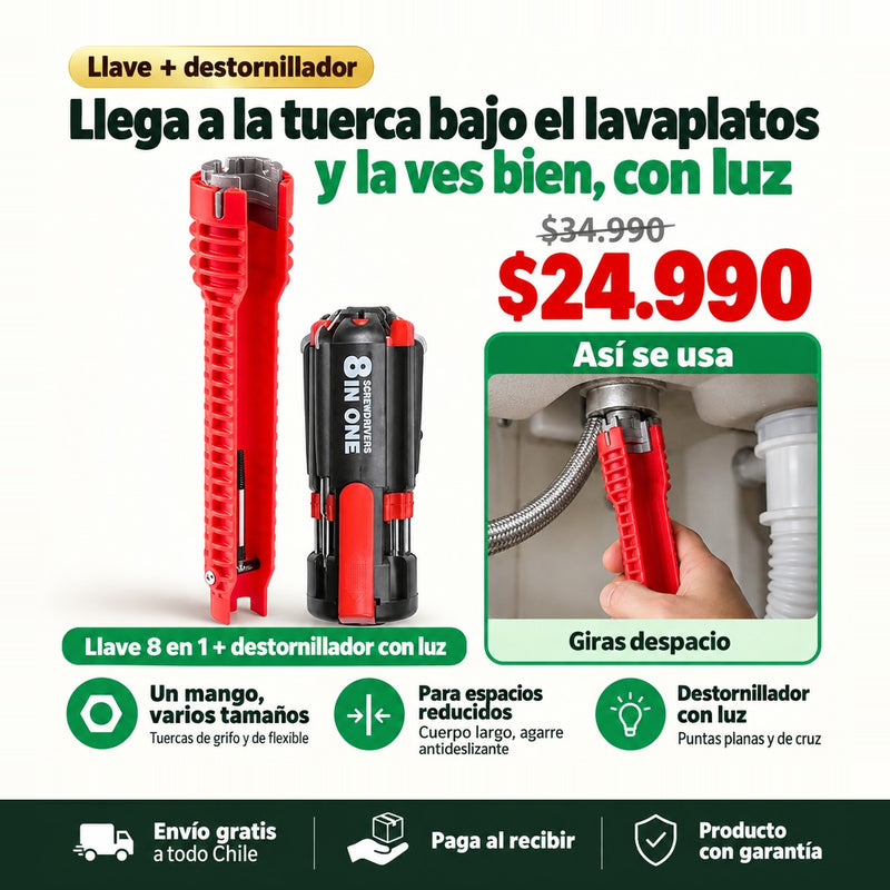 Llave de Gasfitería 8 en 1 + Destornillador con Luz | Arregla Grifos y Tuercas sin Llamar al Gasfíter | Envío Gratis