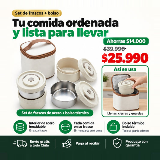 Lonchera de Acero Inoxidable con Bolso Térmico | Lleva tu Comida Ordenada al Trabajo | Envío Gratis