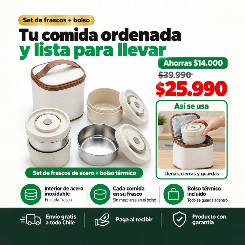 Lonchera de Acero Inoxidable con Bolso Térmico | Lleva tu Comida Ordenada al Trabajo | Envío Gratis