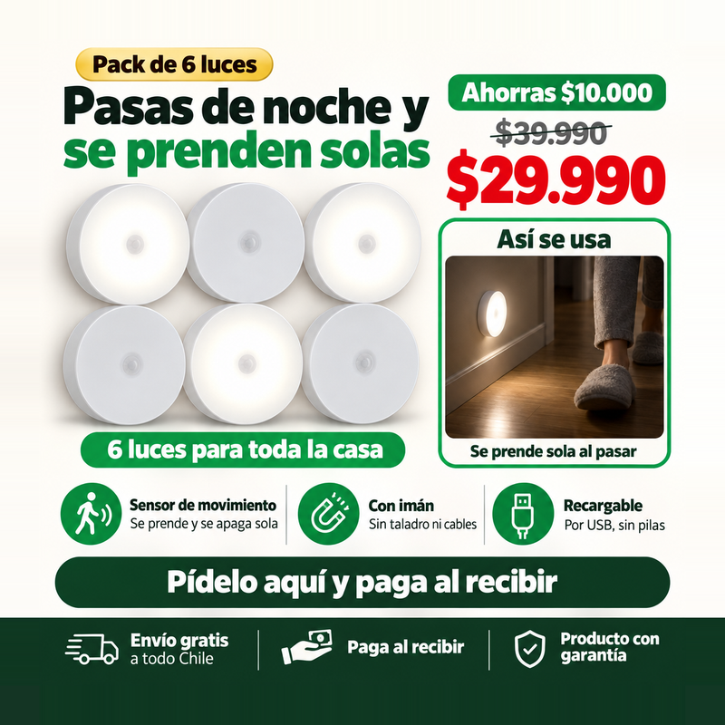 Pack 6 Luces LED con Sensor de Movimiento | Se Encienden Solas al Pasar | Envío Gratis