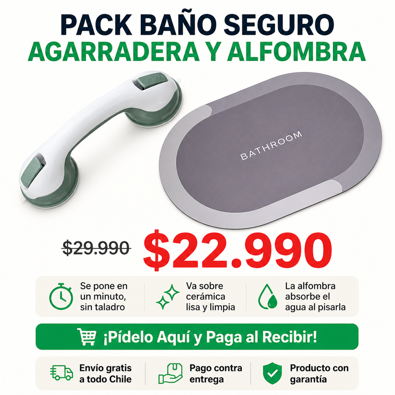 Pack Baño Seguro | Agarradera sin Taladro y Alfombra | Envío Gratis