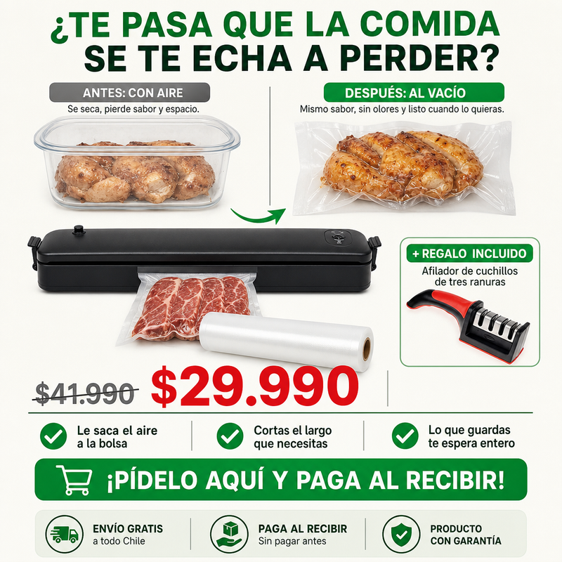 Selladora al Vacío + Rollo de Bolsas de 5 metros + Afilador de Cuchillos de REGALO